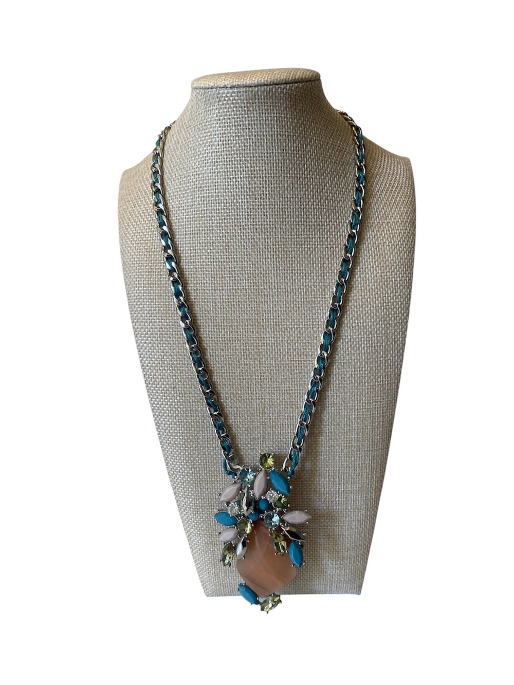 Statement Teal Peach Green Silver Pendant Necklace